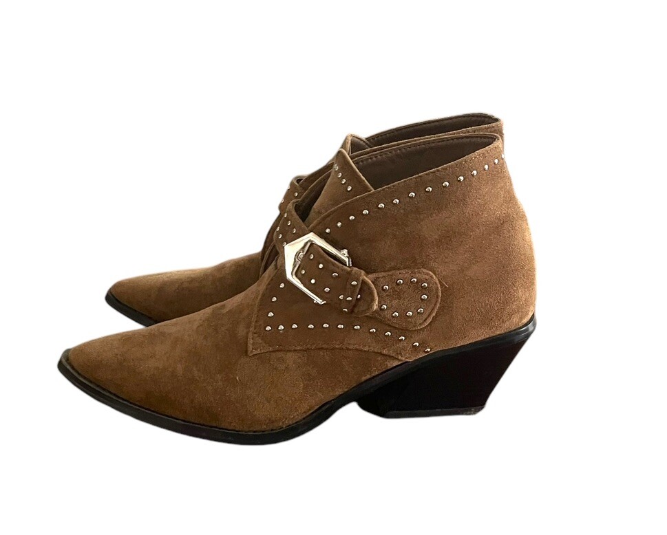 Seven7 Brown Dallas Faux Suede Studded Buckle Ankle Bootie Pointed Toe Size 9