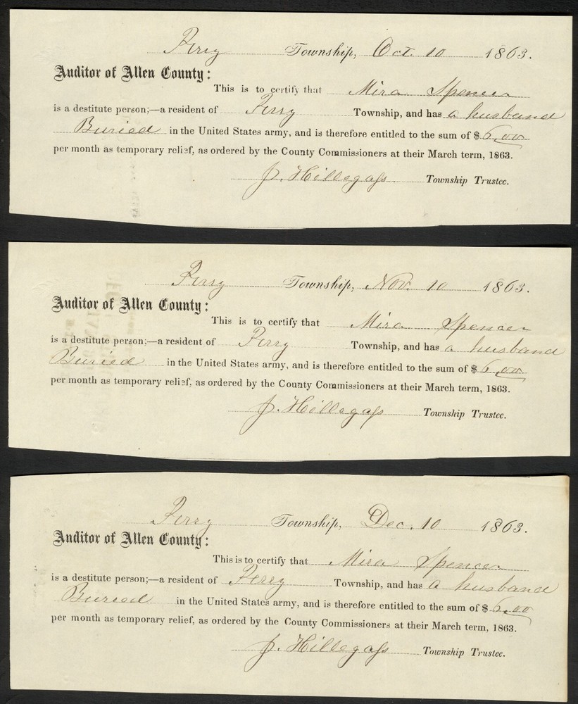 Civil War Widow’s 6 Piece Document Group -  Perry, Allen County, Indiana