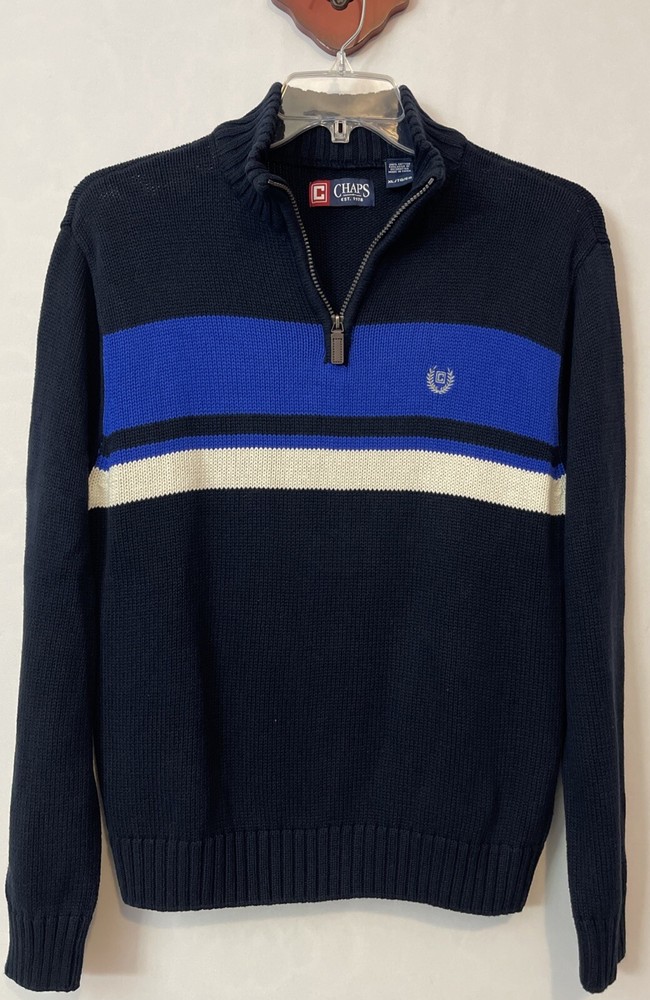 Chaps Mens XL Blue Striped Pullover Heavyweight Logo Knit Cotton Sweater! A2742