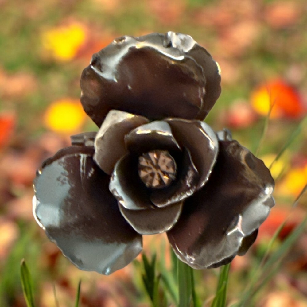 Vintage Amber Rhinestone Rose Flower Brooch Pin Metal Jewelry