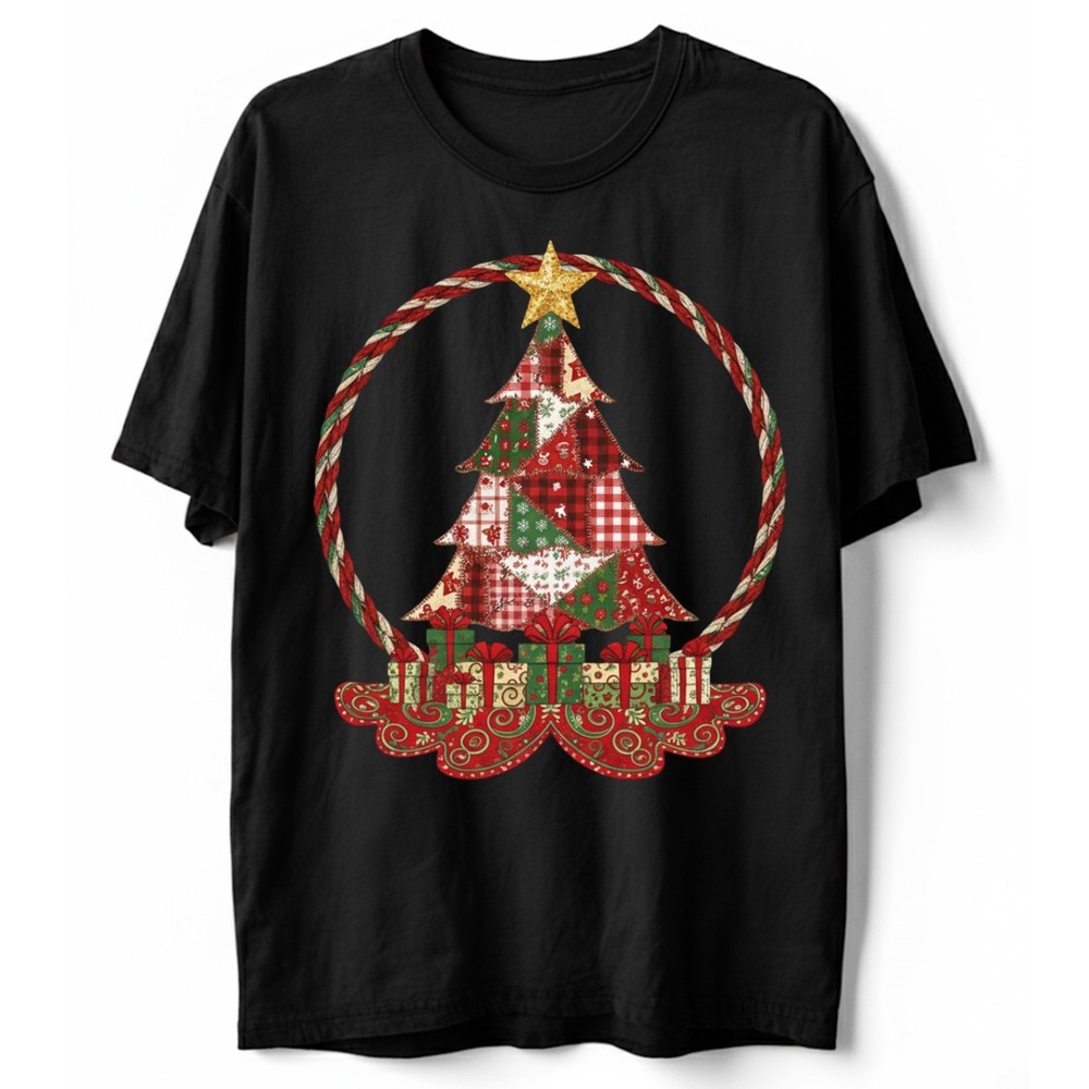 Quilted Patchwork Christmas Tree T-Shirt Country Rustic Holiday Farmhouse Gift