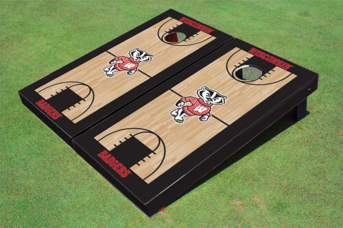 Wisconsin Bucky Black Basketball Court Custom Cornhole Set