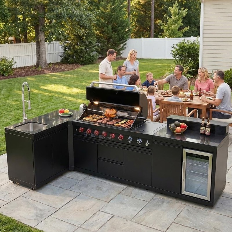 118'' 6 Burner Outdoor Kitchen Island w/Grill & Side Burner 99000 BTU BBQ Island