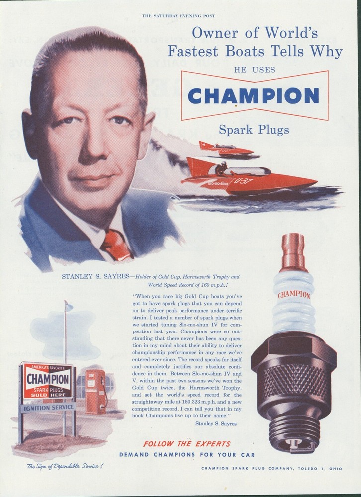 1951 Champion Spark Plugs Stanley Sayres Gold Cup Gas Tank Vintage Print Ad SP15