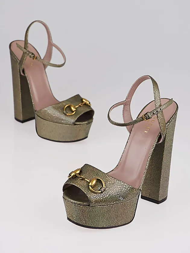 Gucci Claudie Iridescent Cracked Leather Horsebit Platform Heels Size 37.5 US 6.5