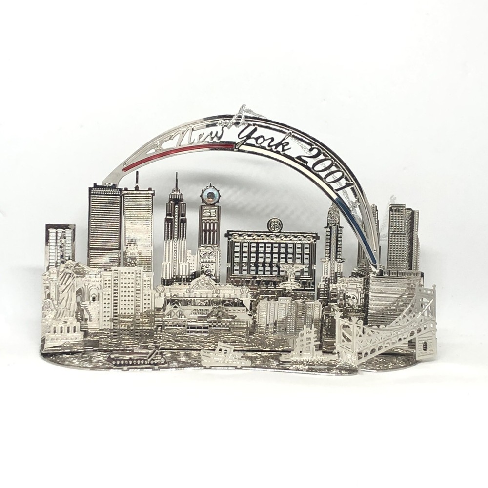 New York Skyline Etched Brass Two Hands Signed Lynn Sevigny Ornament Certificate