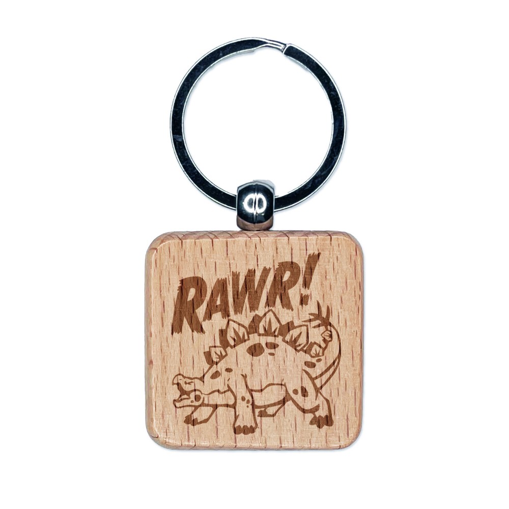 Stegosaurus Rawr Roar Dinosaur Engraved Wood Square Keychain Tag Charm
