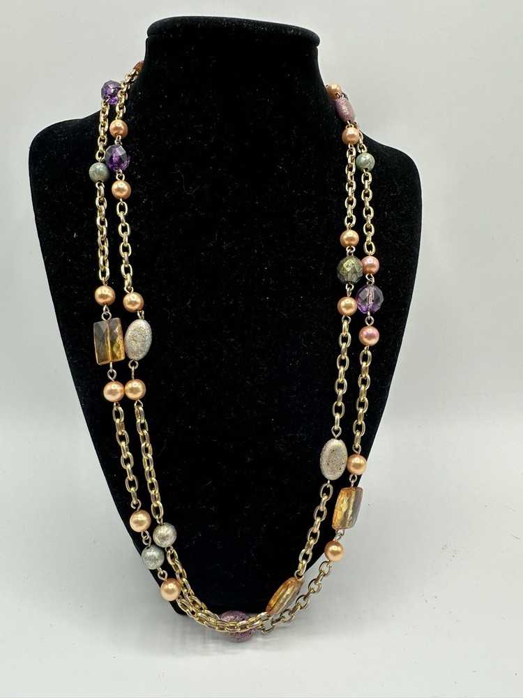 Gold Tone Chain Link Faux Pearl Acrylic Beaded Station Necklace Long