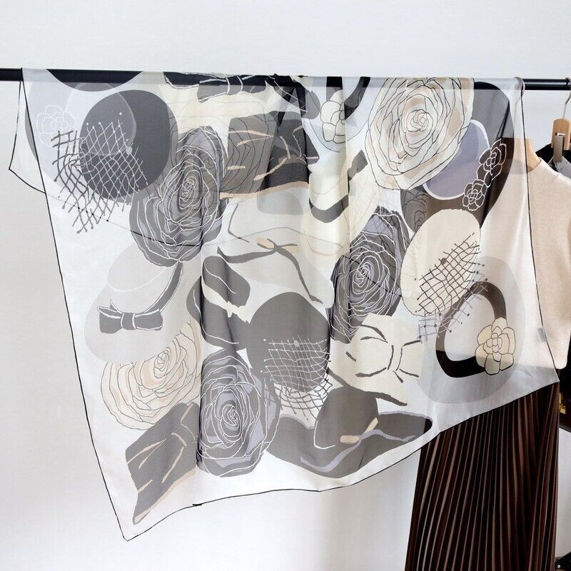 100% Chiffon Silk Camellia Print Wrap Scarf Sarong Beach Hand Rolled 54x54