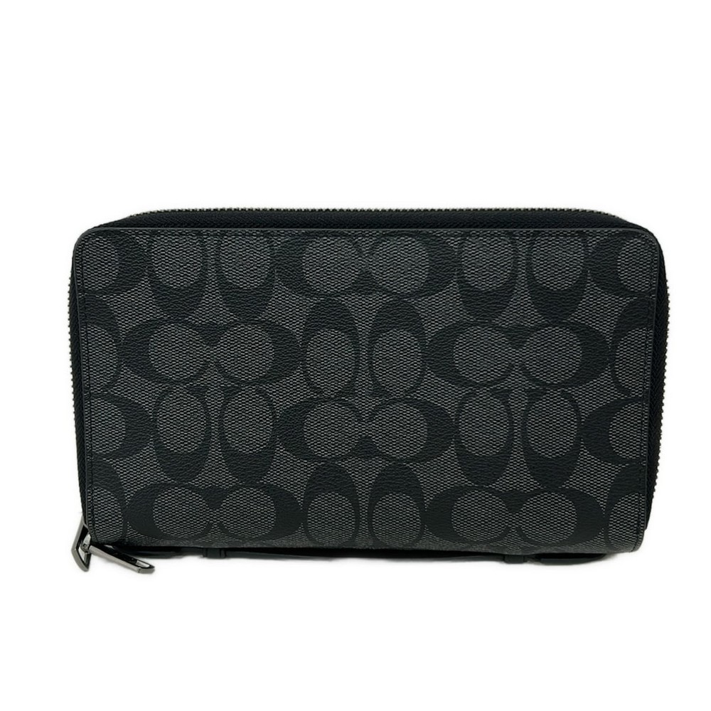 Coach Used signature pattern wallet dark gray x black leather