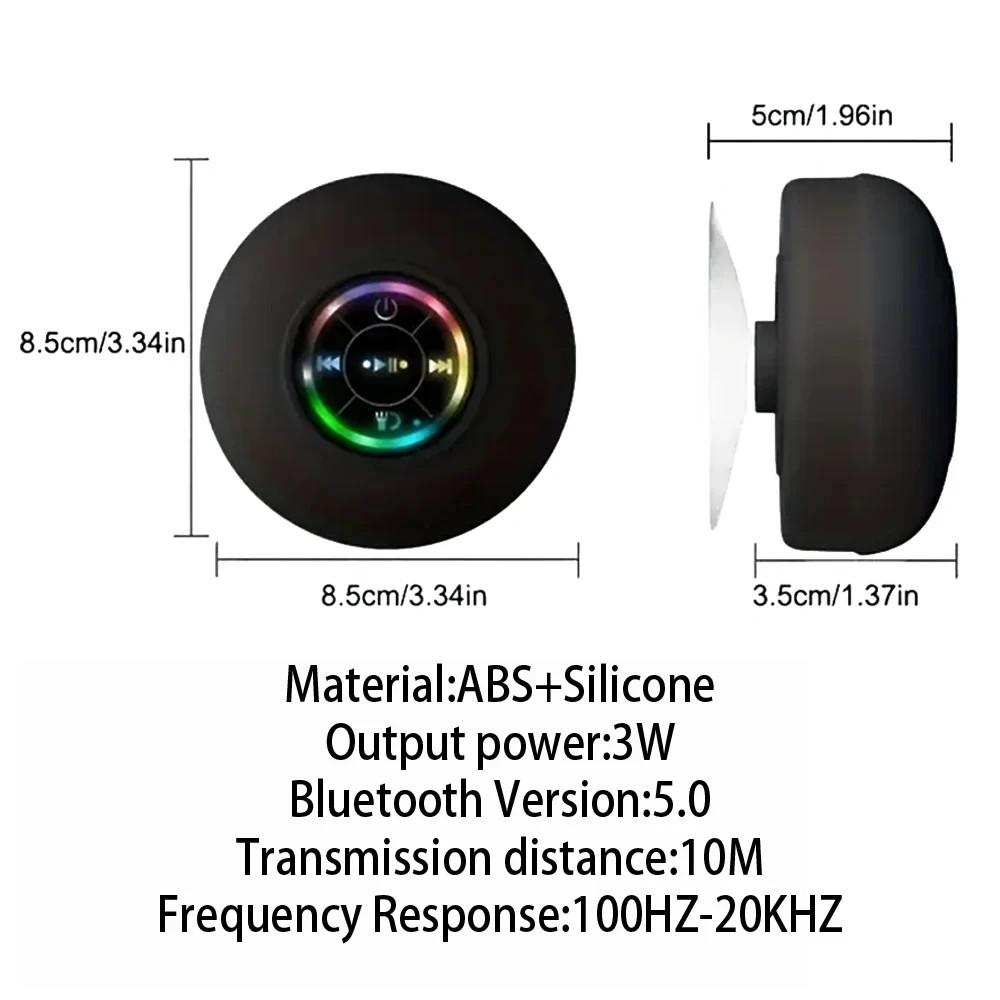Portable Bluetooth Speaker with LED Lights IPX4 Waterproof Outdoor Bath Shower Loudspeaker