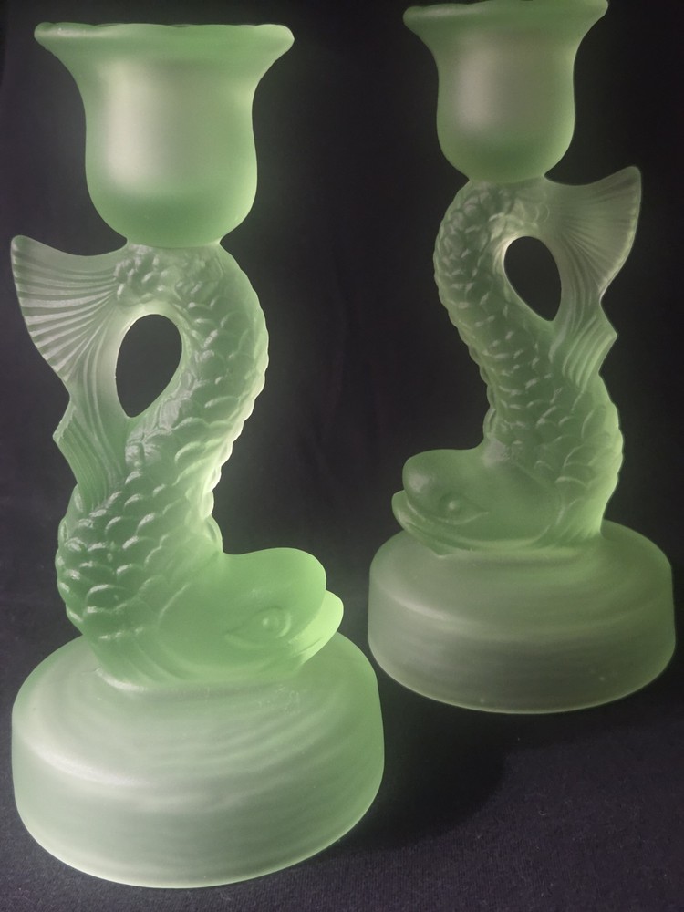 PAIR Satin Uranium Glass Dolphin Koi Fish Candlesticks Art Deco