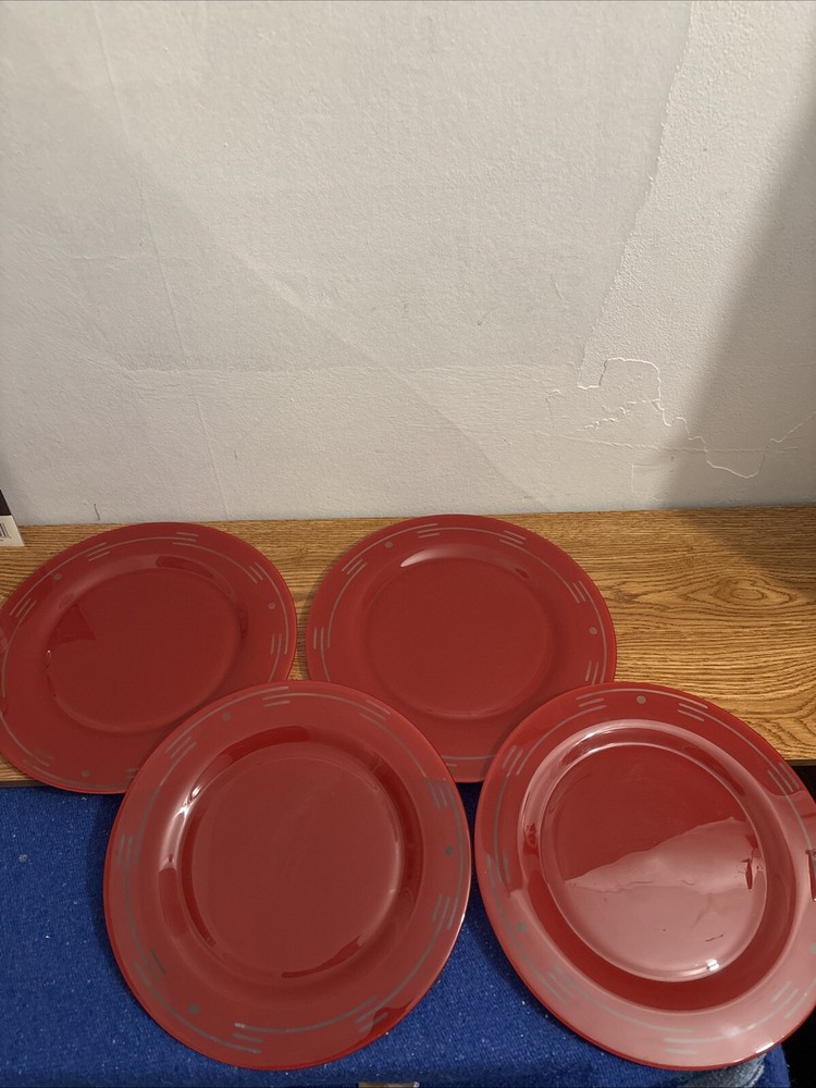 Set Of 4 Red Geometric Glass Arcopal France 12” Decorative Chop Plates