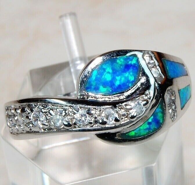 Australian Opal Inlay & White Topaz 925 Sterling Silver Ring Jewelry Sz 8 DT2
