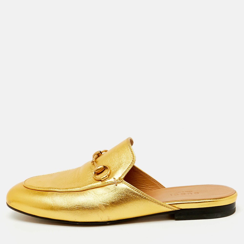 Gucci Gold Leather Horsebit Princetown Mules Size 36.5