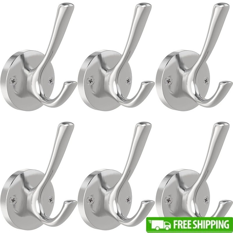 Sturdy Wall Mounted Double Hooks Heavy Duty Zinc Alloy Towel Hook Set of 6 New