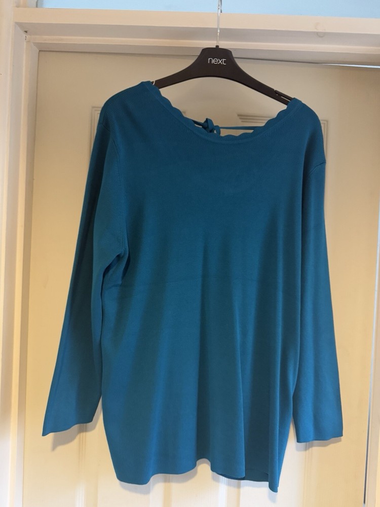 Monsoon Teal Jumper With Tie Up Back Scalloped Neck Line BNWT Size XL