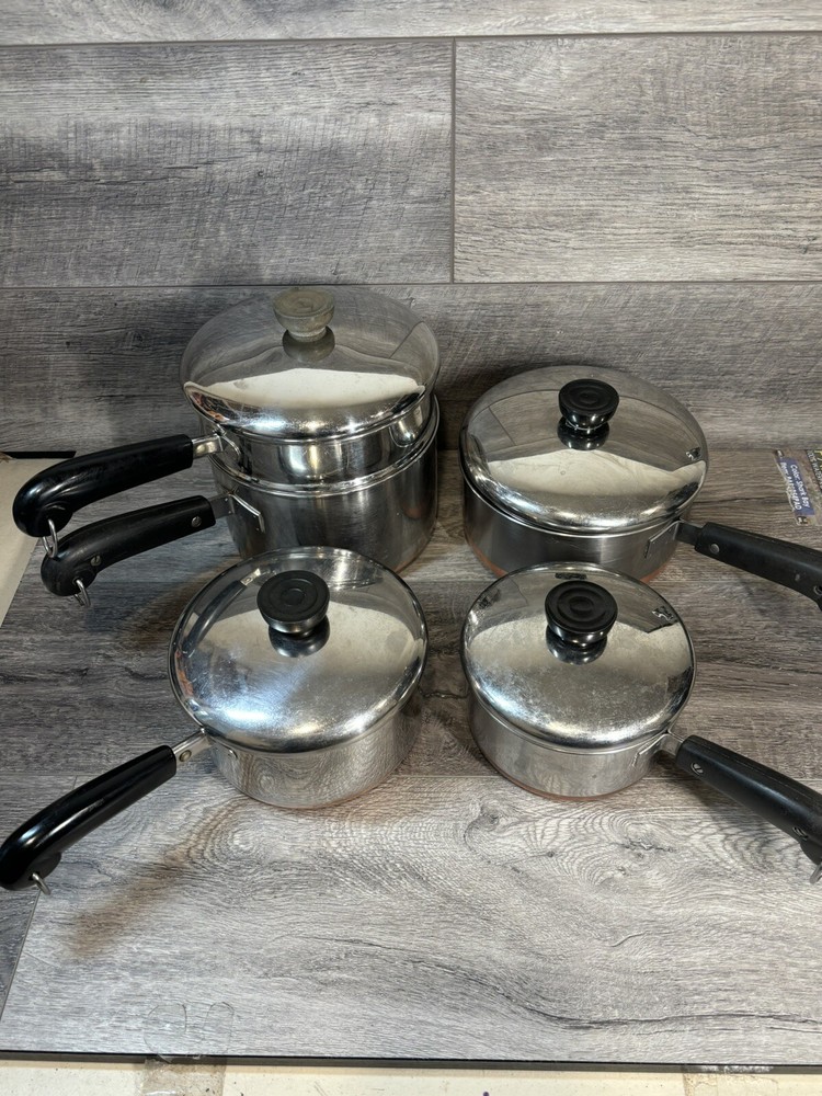 9 Piece Revere Ware 1801 Copper Bottom Cookware Set Sauce Pots Lids Steamer