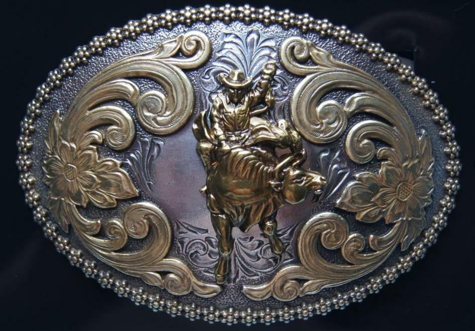 Nocona Belt Buckle BULL RIDER Gold & Silver Tone Western cowboy 3756641