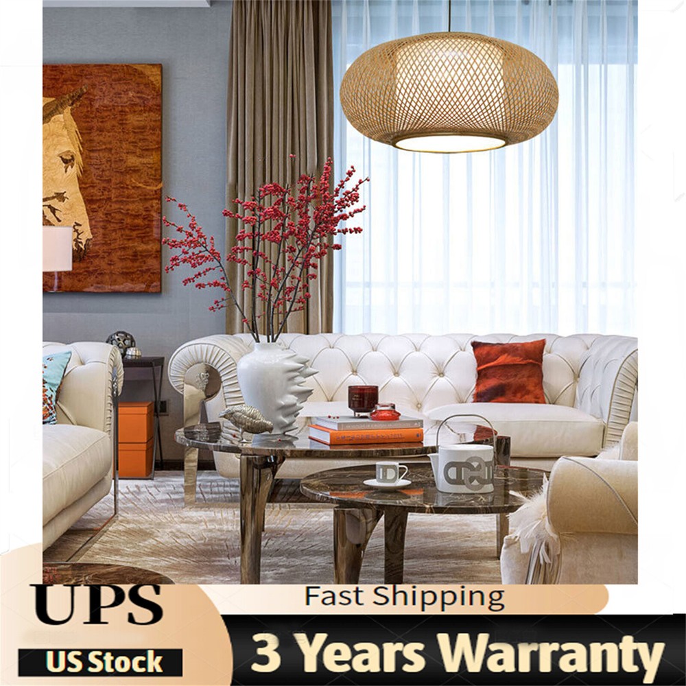 Round Vintage Hanging Ceiling Lamp Bamboo Wicker Rattan Pendant Light Fixture
