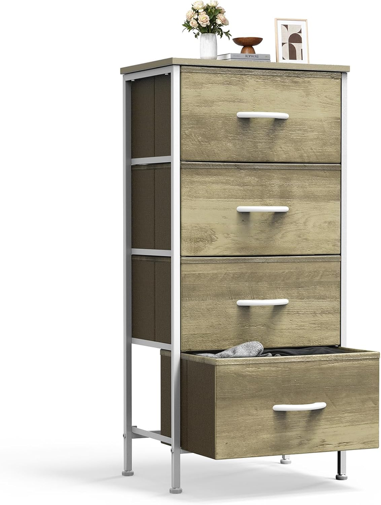 Nightstand Small Bedroom Dresser with 4 Fabric Drawers,Bed Side Furniture End Ta