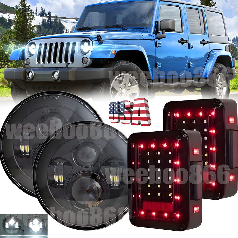 07-18 Jeep Wrangler JK Round LED Tail Light & Headlight 4pc Black Combo Kit