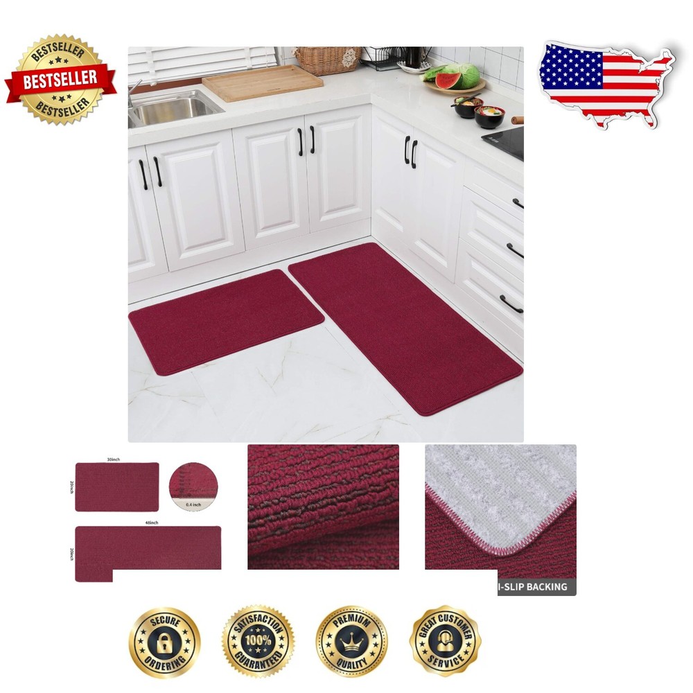 Premium 2-Piece Kitchen Mat Set: Stain-Resistant, Anti-Slip with Cozy Red Design