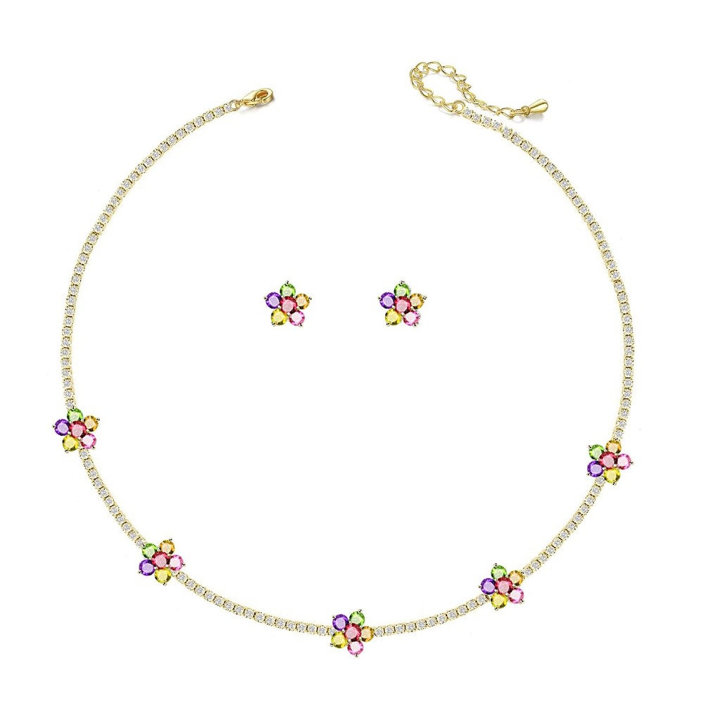 Flower CZ Crystal Wedding Jewelry Set Cubic Zirconia Choker Necklace Stud Ear...