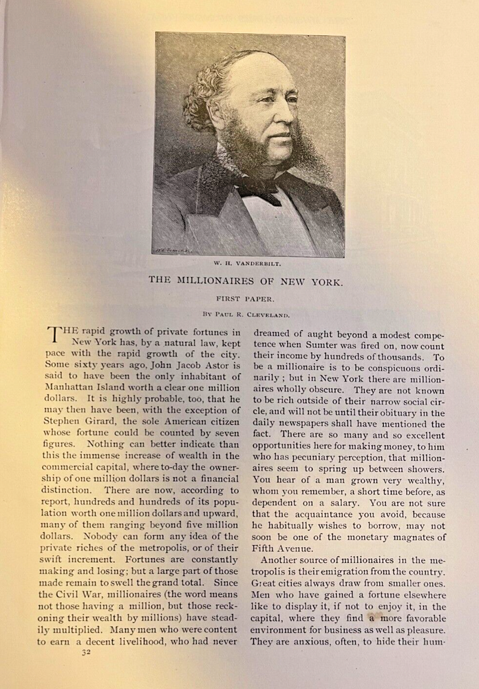 1888 New York Millionaires William Vanderbilt William Astor Cornelius Vanderbilt