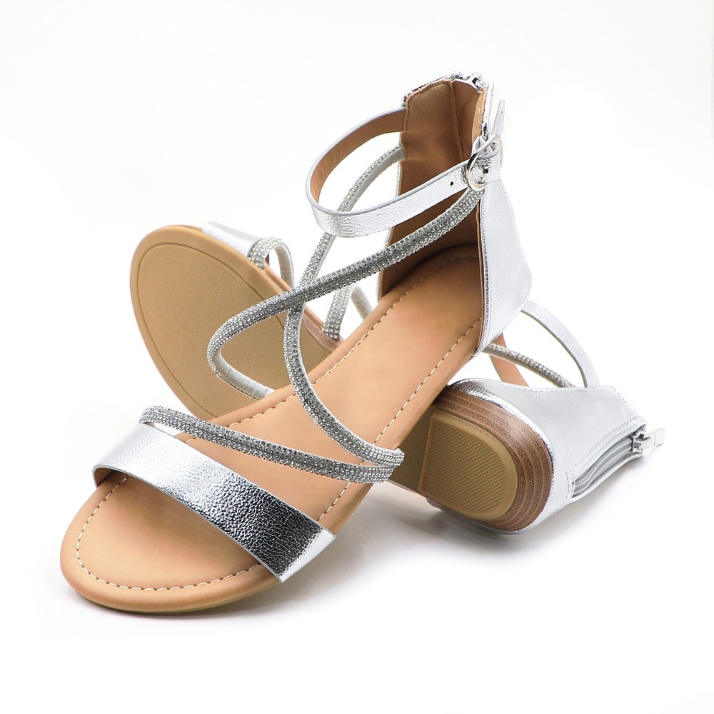Women Rhinestone Strappy Flat Sandals with Back Zipper