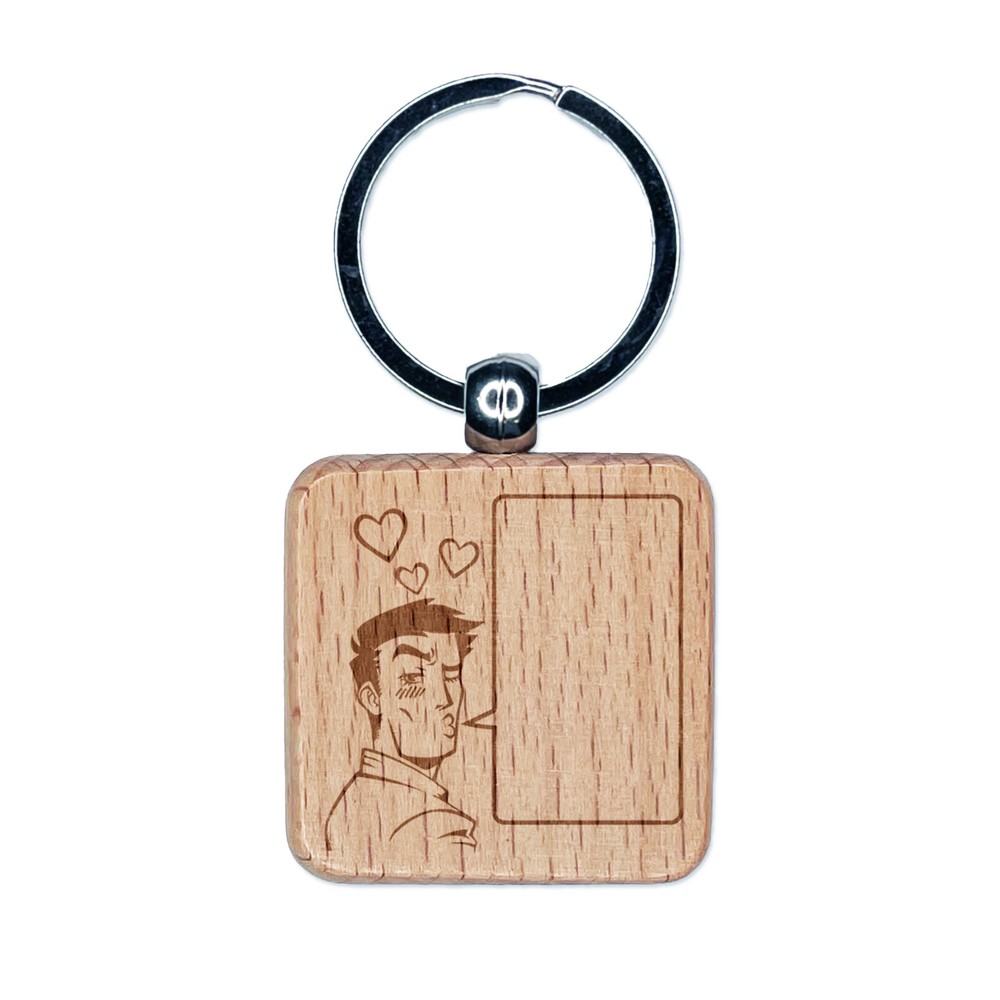Flirty manga man keychain with empty speech bubble on engraved wood