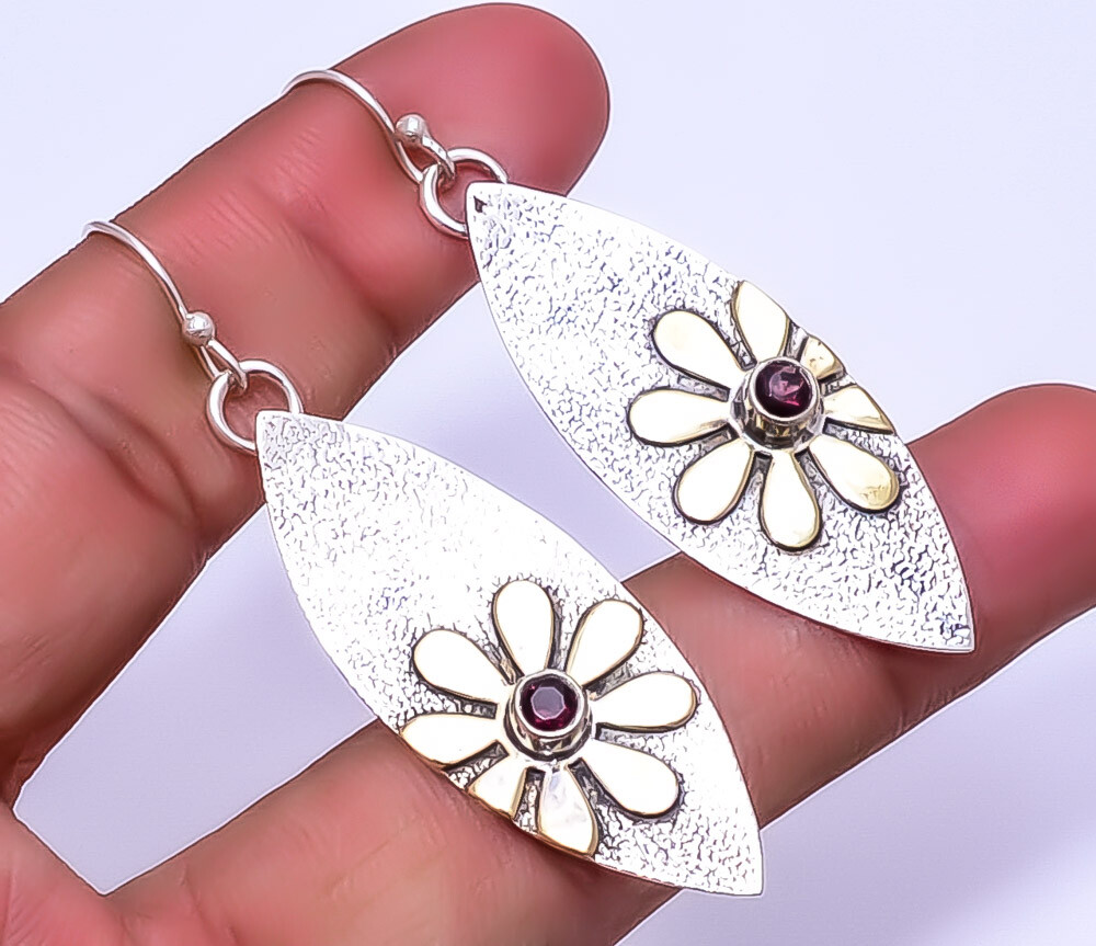 Red Garnet 925 Sterling Silver Two Tone Floral Earring 2.46