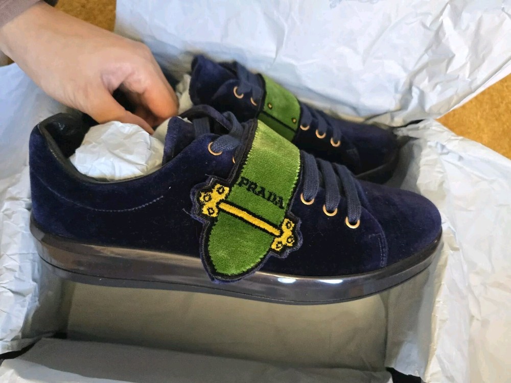 Prada Blue Green Buckle Pattern Lace Up Shoes