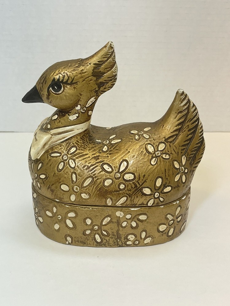 1966 Hong Horizons Gold Painted Paper Mache Partridge Hen Box Vintage Rare Collectible