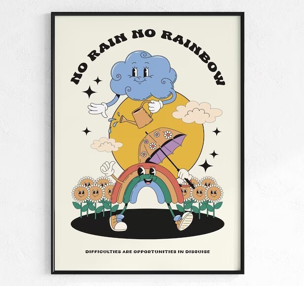 Retro No Rain No Rainbow Motivational Poster for Home or Office  