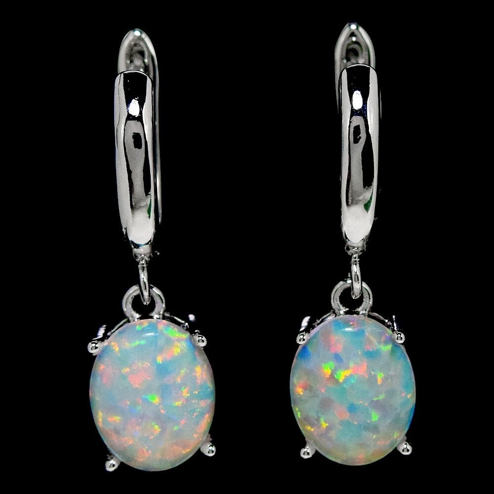 AAA RANBOW OPAL OVAL CABOCHON STERLING 925 SILVER DANGLE EARRING