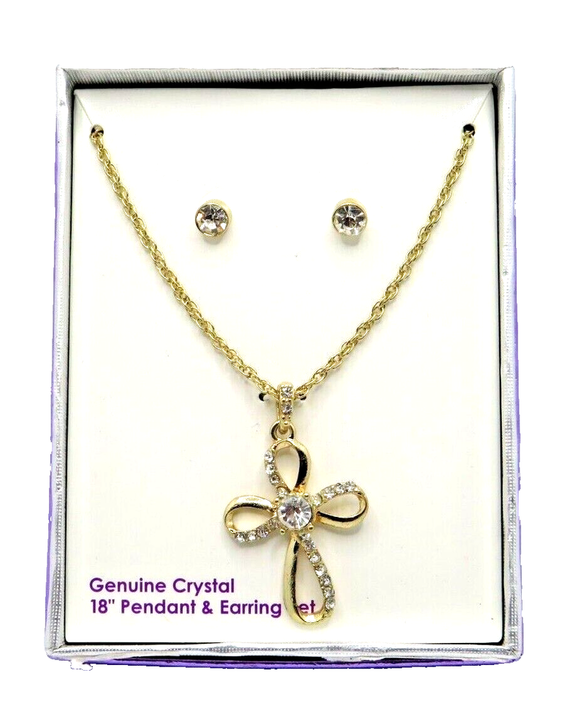 Cross Pendant And Earring Set Genuine Crystal Gold tone 18’ Unbranded