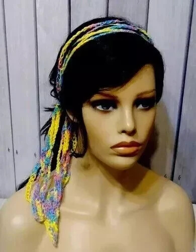 Boho crochet hair scarf tie wrap handmade in USA tutti frutti