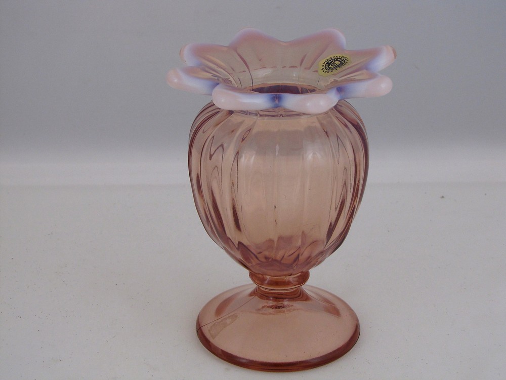 Westmoreland Glass Lotus Pattern Footed Vase w Scalloped Top in Pink Opalescent