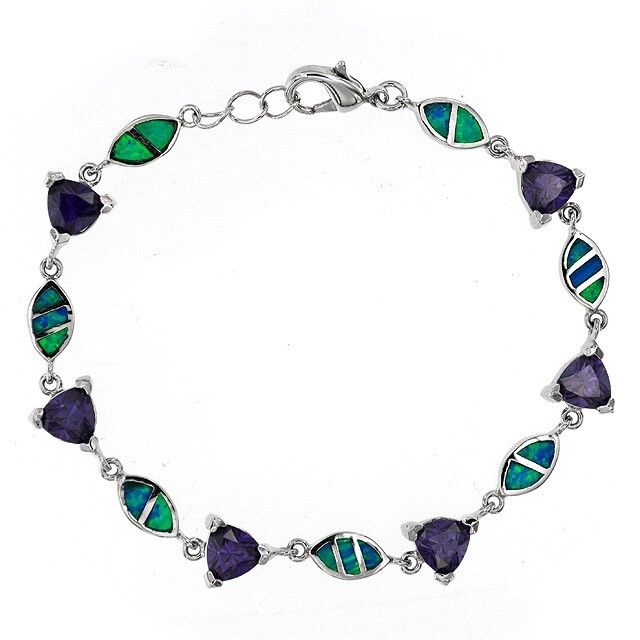 5CT Amethyst & Australian Opal Inlay 925 Sterling Silver Tennis Bracelet OB5