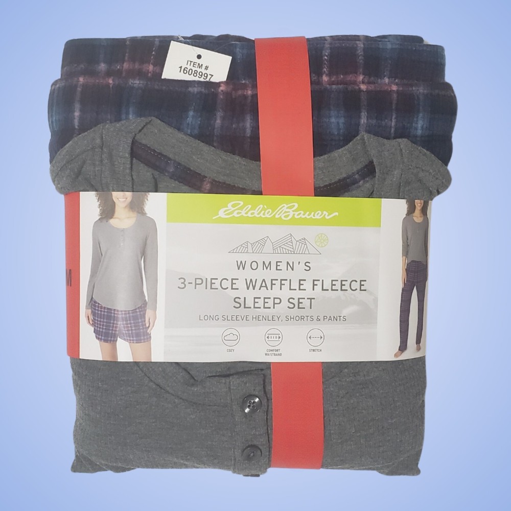 Eddie Bauer Womens Gray Waffle Fleece 3-Piece Pajama Set Medium NWT