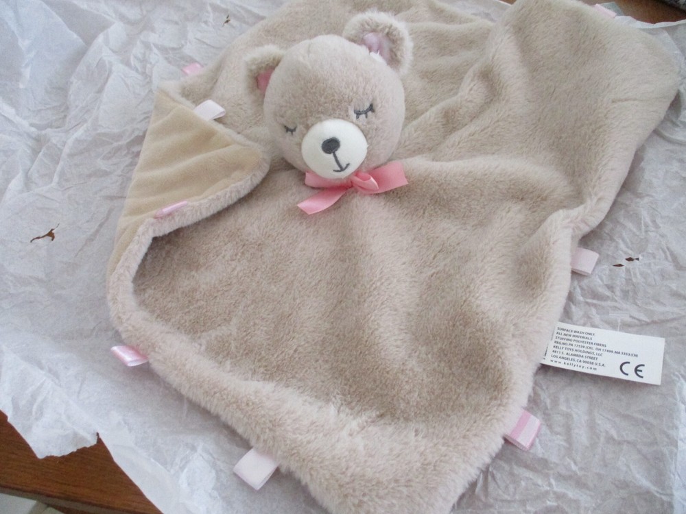 Kellytoy Baby Lovey Plush Tan Bear Security Blanket Pink Ribbon Rattle 14” Toy