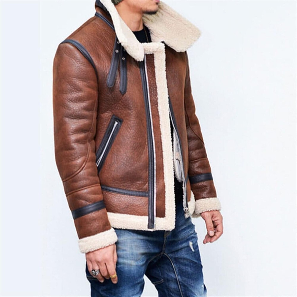 Men's Brown B3 RAF Bomber Jacket Flight Shearling Fur Sheepskin Leather Jacket