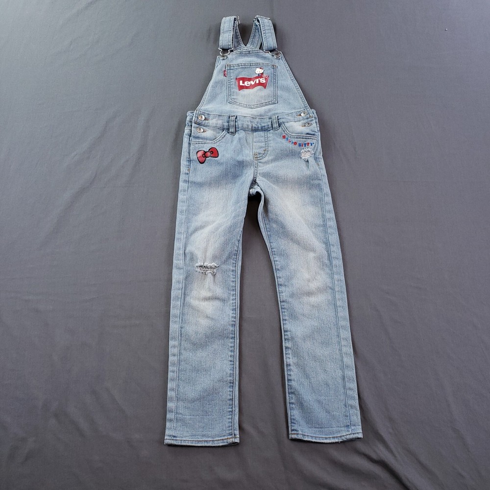 Levis X Hello Kitty Overalls Girls 6X Regular Blue Ripped Youth Denim Stretch