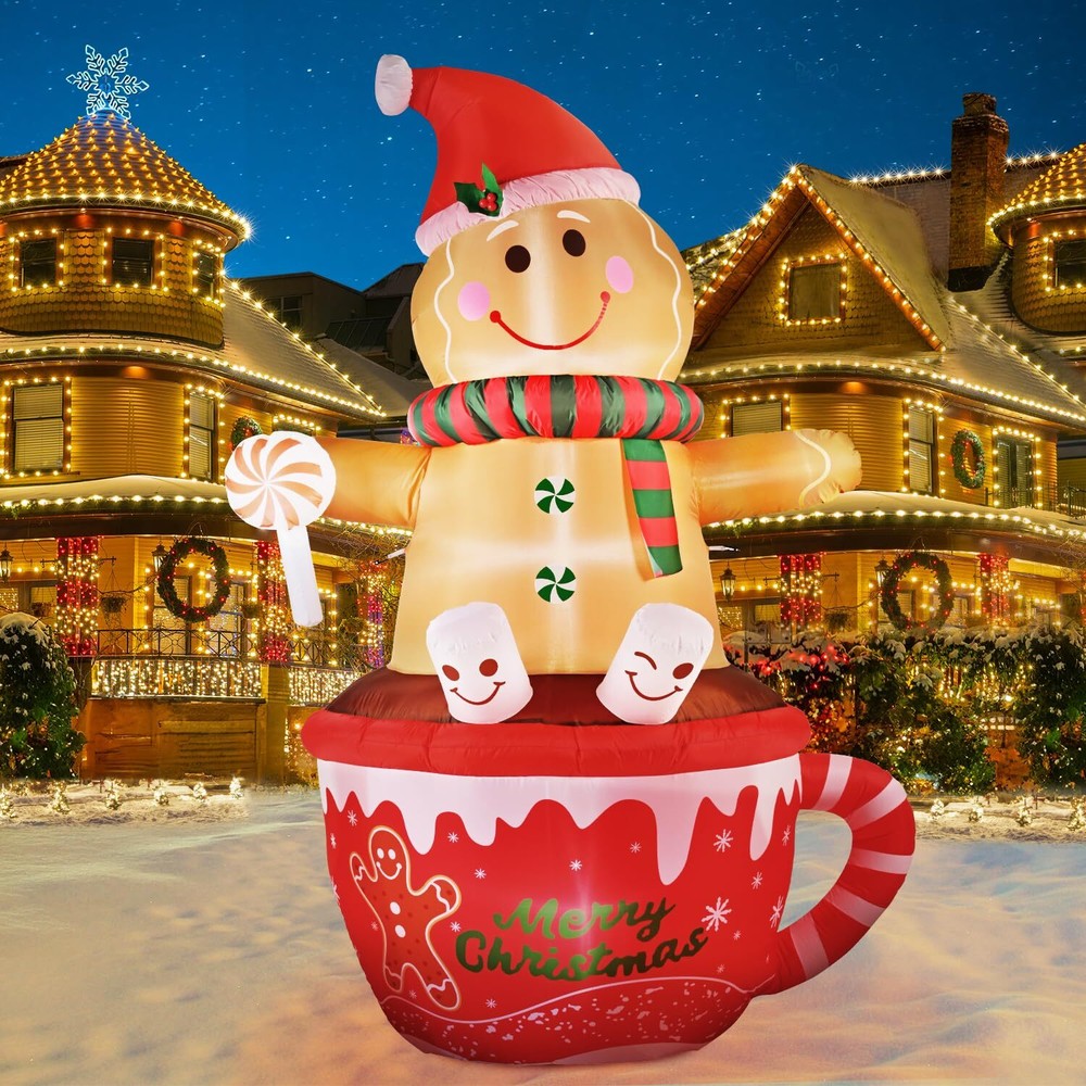 7.5 FT Christmas Inflatable Outdoor Decoration, Gingerbread Man Hot Cocoa Cup...