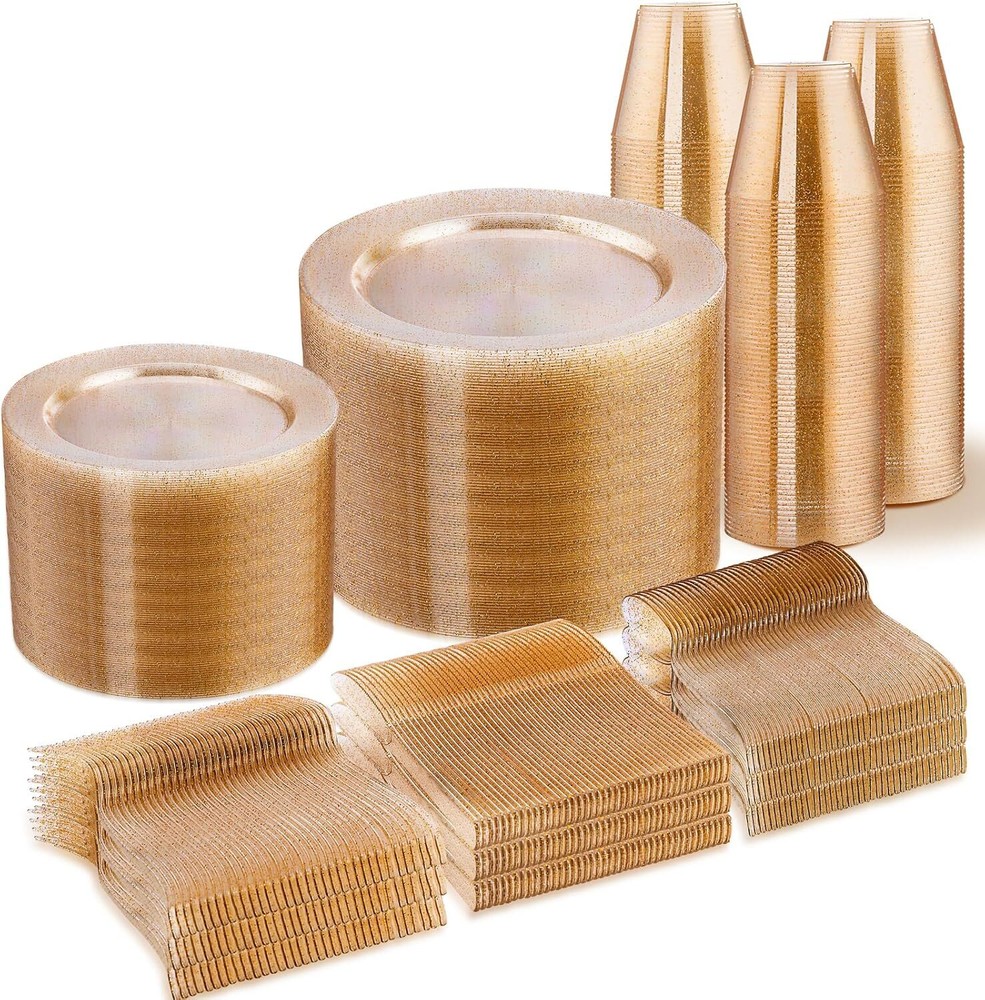 600 PCS Gold Glitter Disposable Dinnerware Set for 100 Guests