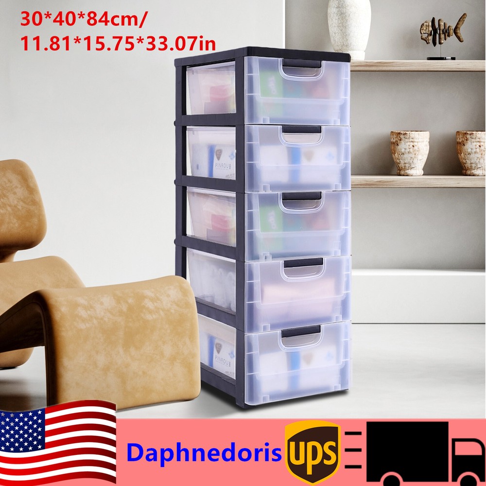Large Storage Cabinet w/4 Wheels Stackable Transparent Organizer 5 Drawers