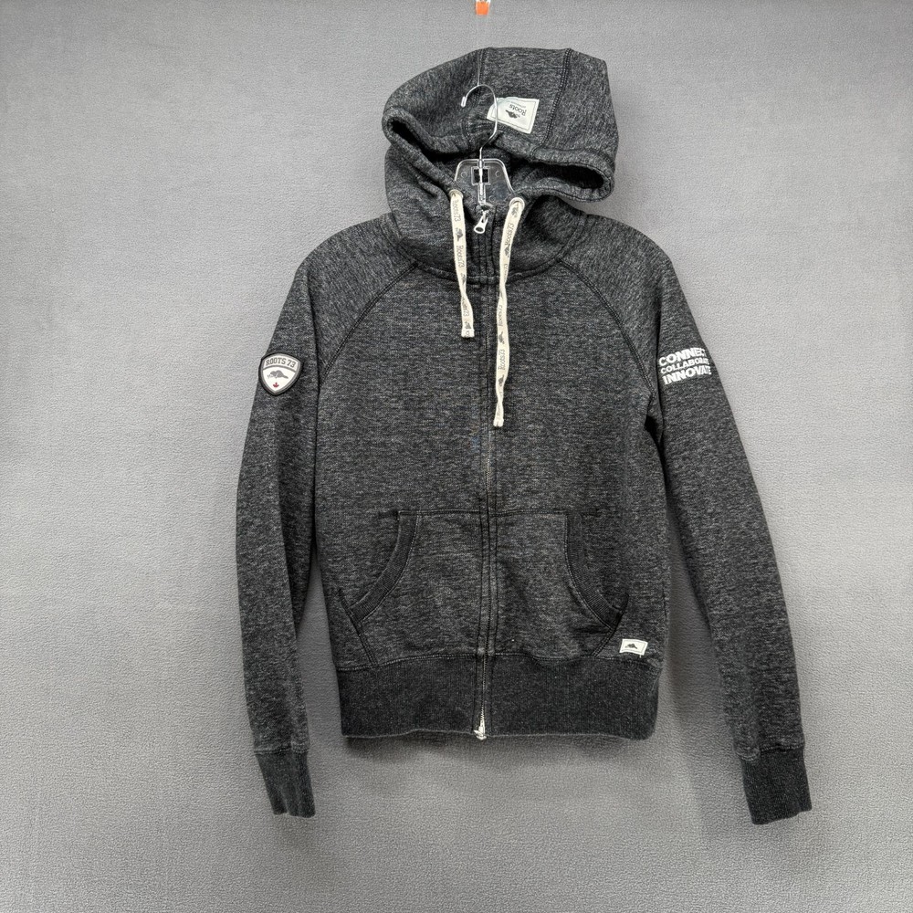 Roots 73 Hoodie Womens Medium Heather Gray Fleece Full Zip Logo Kangaroo Pocket