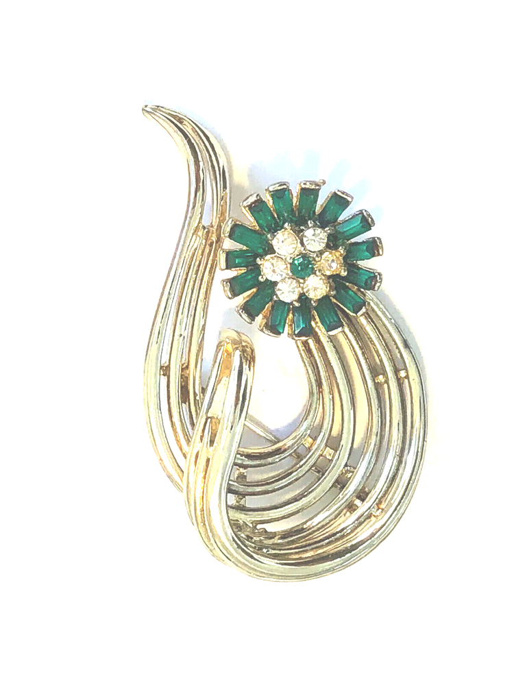Vintage Coro Craft Green Baguette Stone Gold Tone Brooch - Excellent Condition