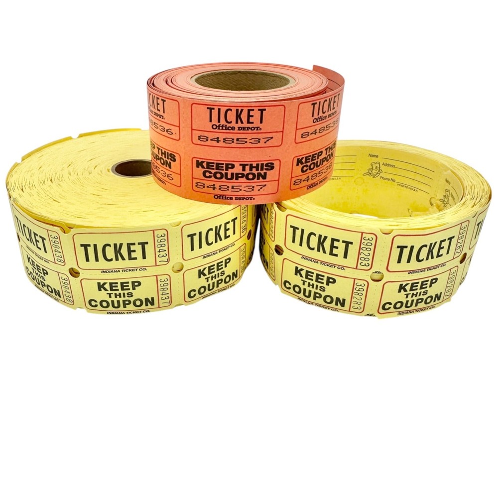 3 Rolls Office Depot Raffle Tickets 2 Yellow 1 Orange Keep Coupon-image